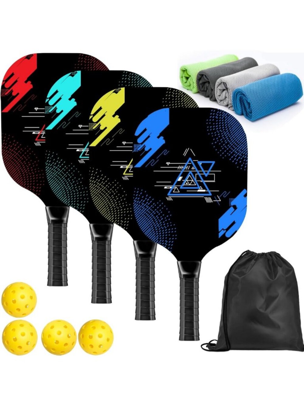 4-Piece Wood Pickleball Paddle Set with Comfort Grip, Balls, Towels & Carry Bag